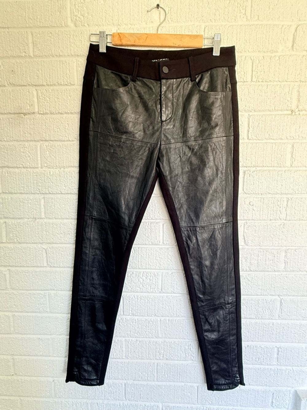 Black Front Leather Skinny Pants with Stretch Side and Back Panels